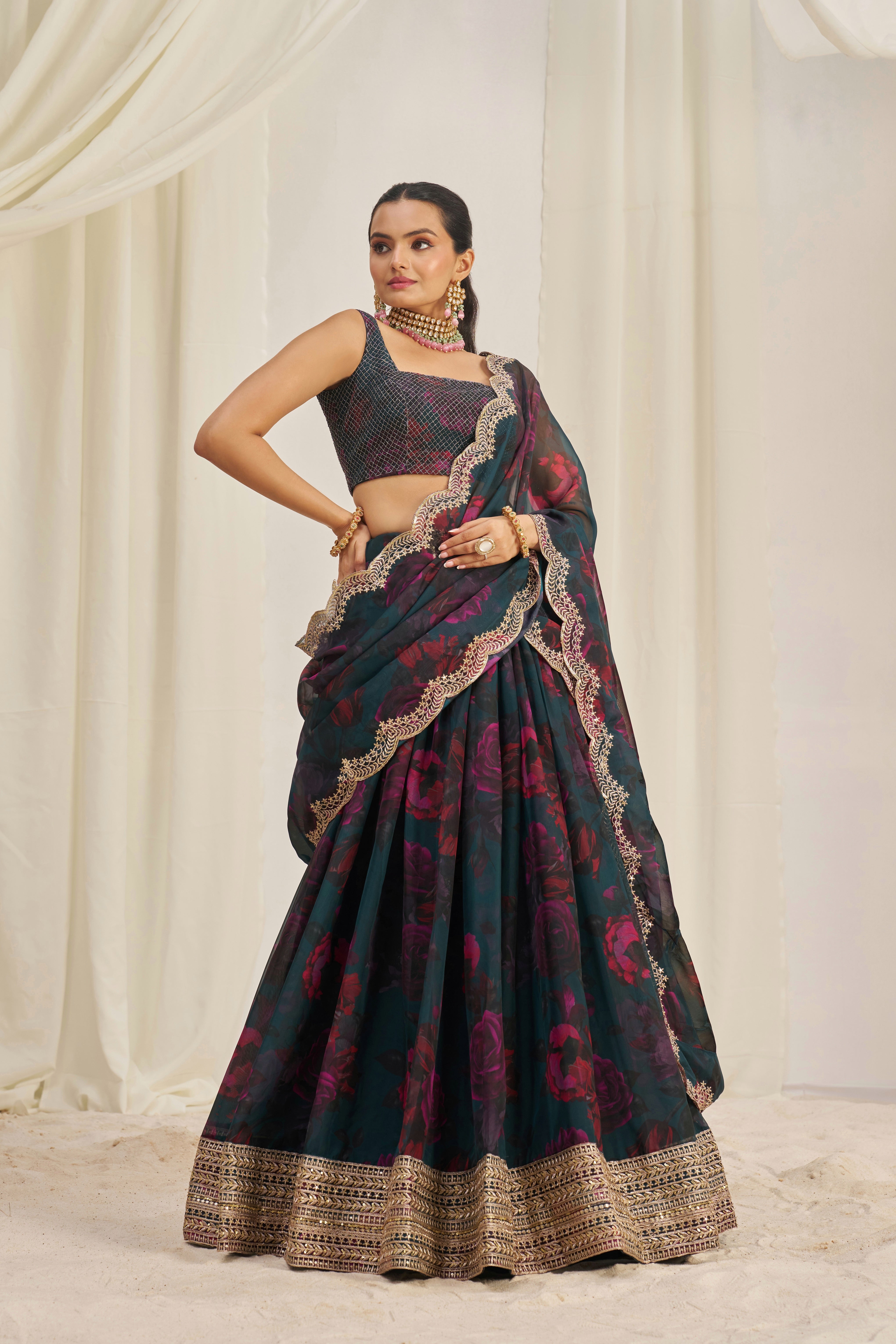 Stunning Floral Printed Sequins Embroidered Organza Lehenga Set - ETHNICDEAL