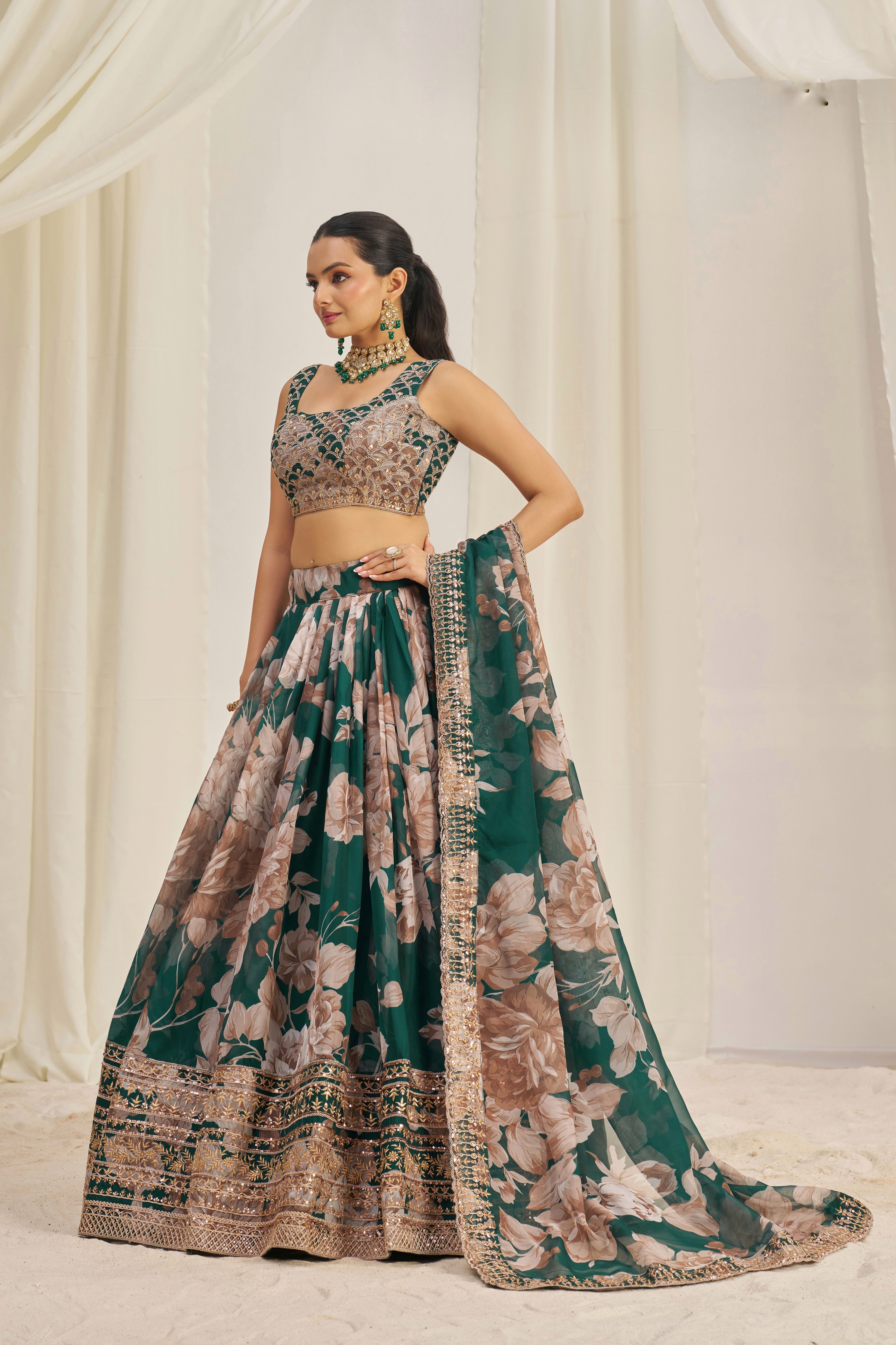 Stunning Floral Printed Sequins Embroidered Organza Lehenga Set - ETHNICDEAL