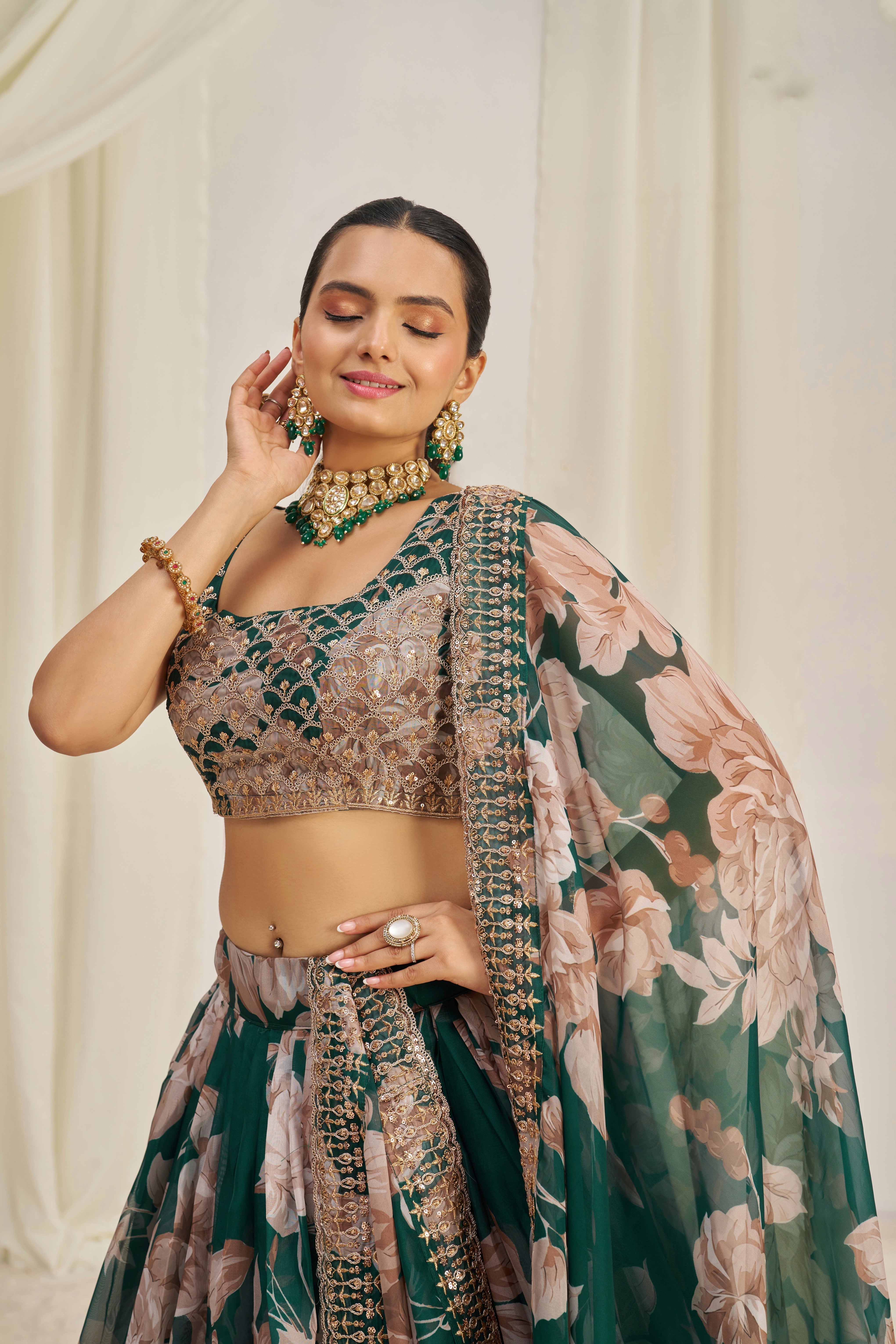 Stunning Floral Printed Sequins Embroidered Organza Lehenga Set - ETHNICDEAL