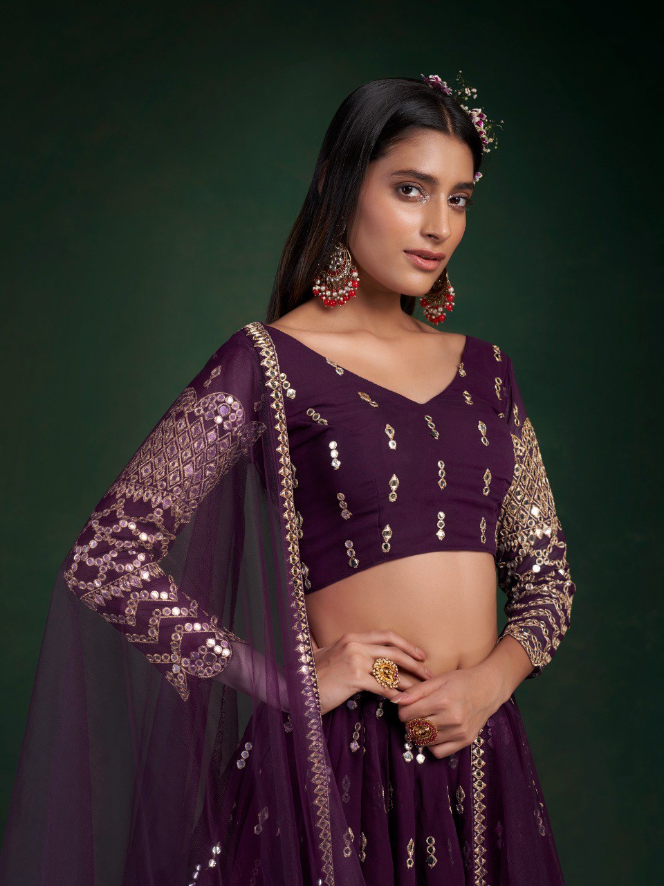 Wine Georgette Lehenga Set with Zari, Sequins & Foil Mirror Work - ETHNICDEAL